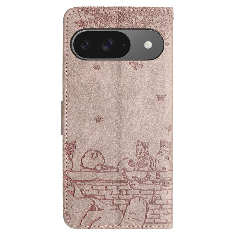 For Google Pixel 9 / 9 Pro Cat Embossing Pattern Leather Phone Case with Lanyard