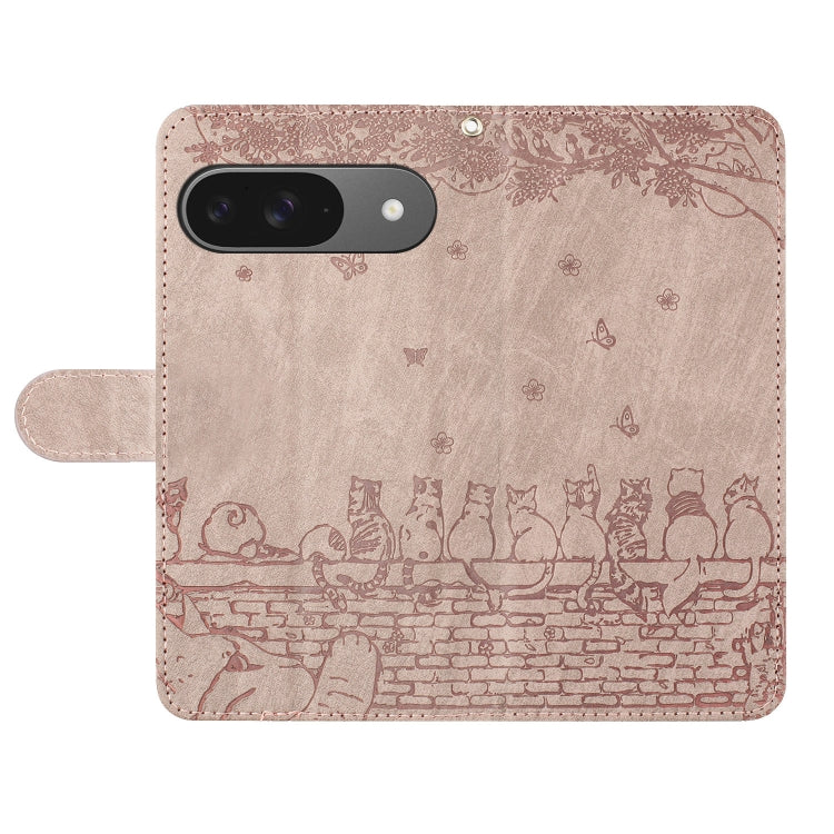 For Google Pixel 9 / 9 Pro Cat Embossing Pattern Leather Phone Case with Lanyard