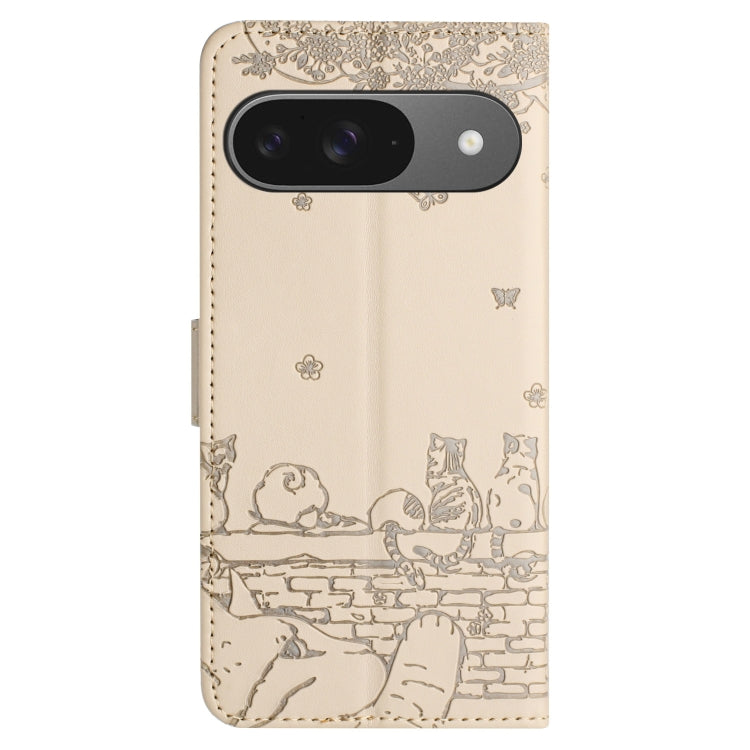 For Google Pixel 9 / 9 Pro Cat Embossing Pattern Leather Phone Case with Lanyard