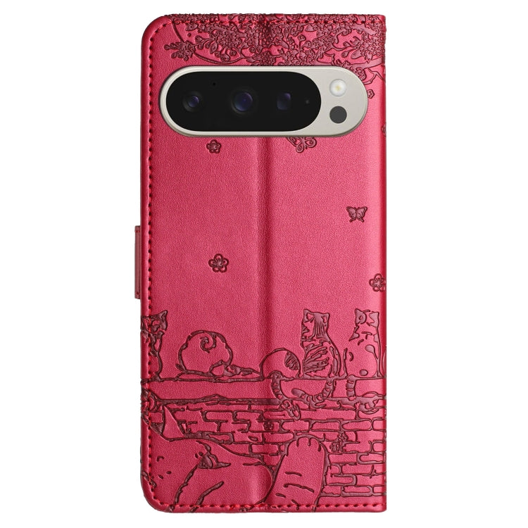 For Google Pixel 9 Pro XL Cat Embossing Pattern Leather Phone Case with Lanyard