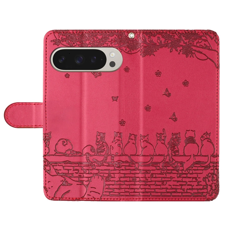 For Google Pixel 9 Pro XL Cat Embossing Pattern Leather Phone Case with Lanyard