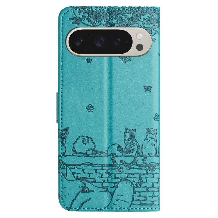 For Google Pixel 9 Pro XL Cat Embossing Pattern Leather Phone Case with Lanyard