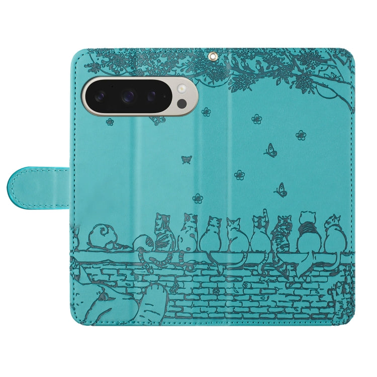 For Google Pixel 9 Pro XL Cat Embossing Pattern Leather Phone Case with Lanyard