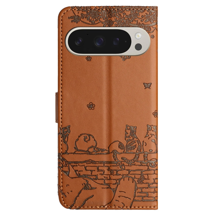For Google Pixel 9 Pro XL Cat Embossing Pattern Leather Phone Case with Lanyard