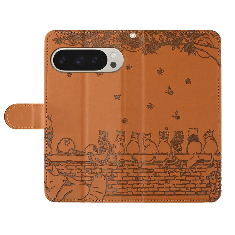 For Google Pixel 9 Pro XL Cat Embossing Pattern Leather Phone Case with Lanyard