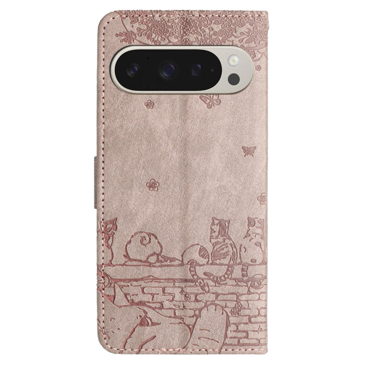 For Google Pixel 9 Pro XL Cat Embossing Pattern Leather Phone Case with Lanyard