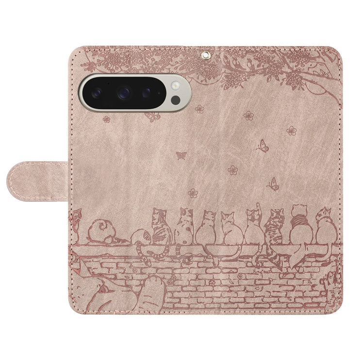 For Google Pixel 9 Pro XL Cat Embossing Pattern Leather Phone Case with Lanyard