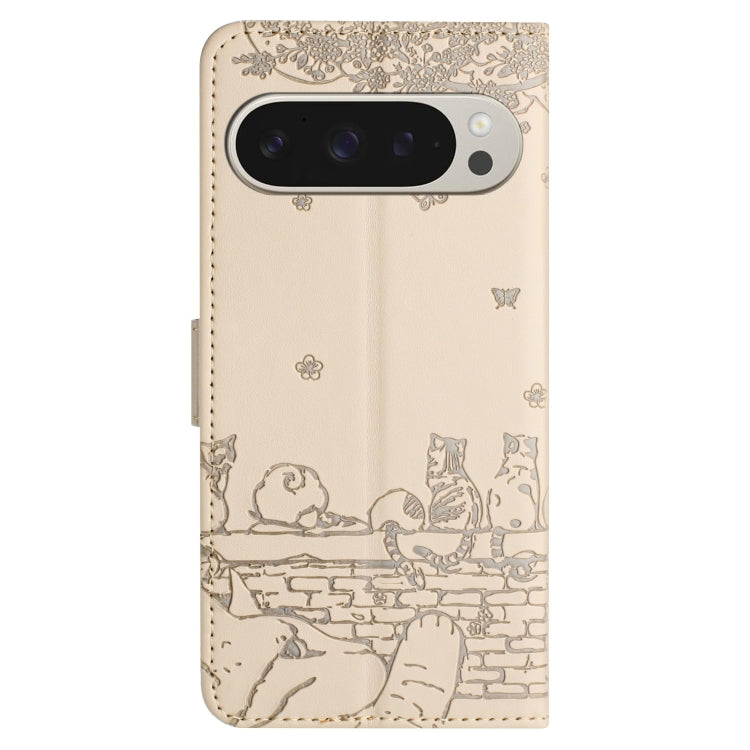 For Google Pixel 9 Pro XL Cat Embossing Pattern Leather Phone Case with Lanyard