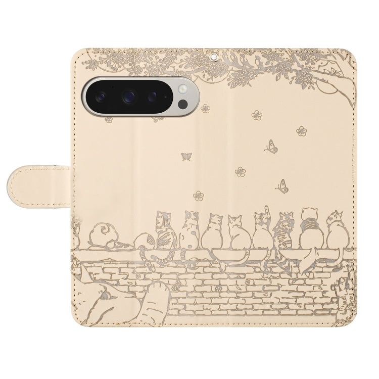 For Google Pixel 9 Pro XL Cat Embossing Pattern Leather Phone Case with Lanyard