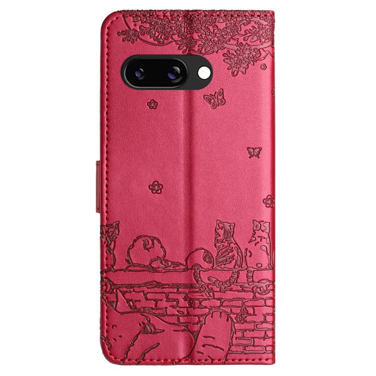 For Google Pixel 9a Cat Embossing Pattern Leather Phone Case with Lanyard
