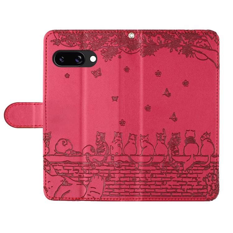 For Google Pixel 9a Cat Embossing Pattern Leather Phone Case with Lanyard
