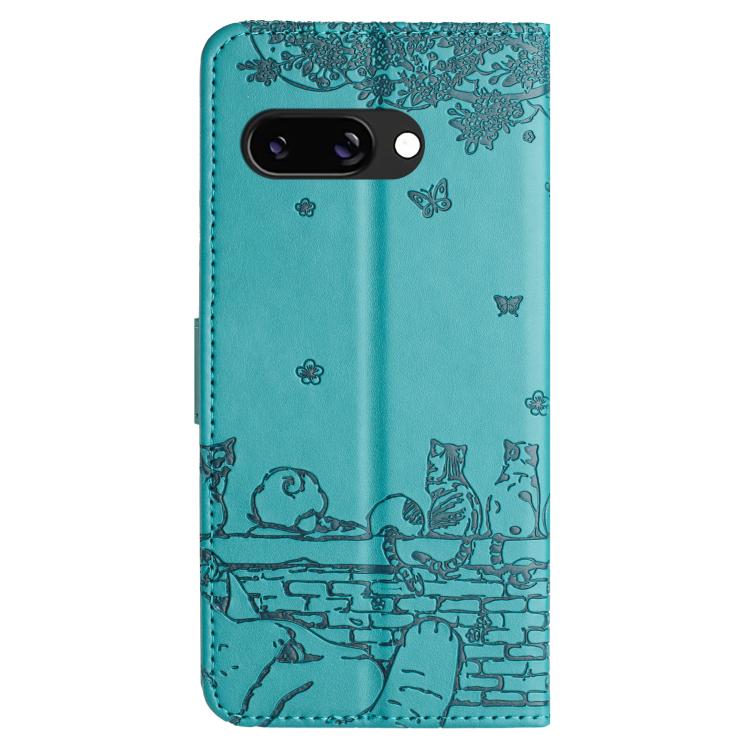 For Google Pixel 9a Cat Embossing Pattern Leather Phone Case with Lanyard