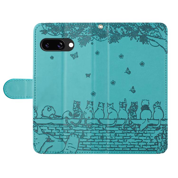 For Google Pixel 9a Cat Embossing Pattern Leather Phone Case with Lanyard