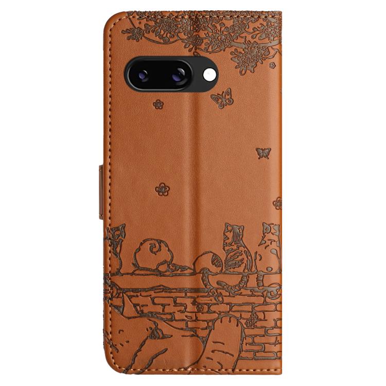 For Google Pixel 9a Cat Embossing Pattern Leather Phone Case with Lanyard