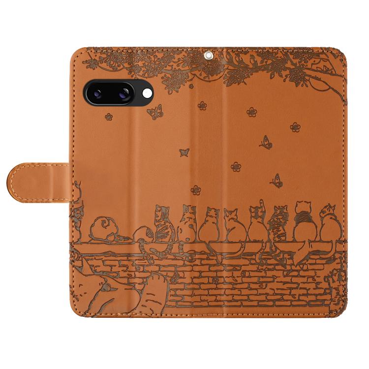 For Google Pixel 9a Cat Embossing Pattern Leather Phone Case with Lanyard