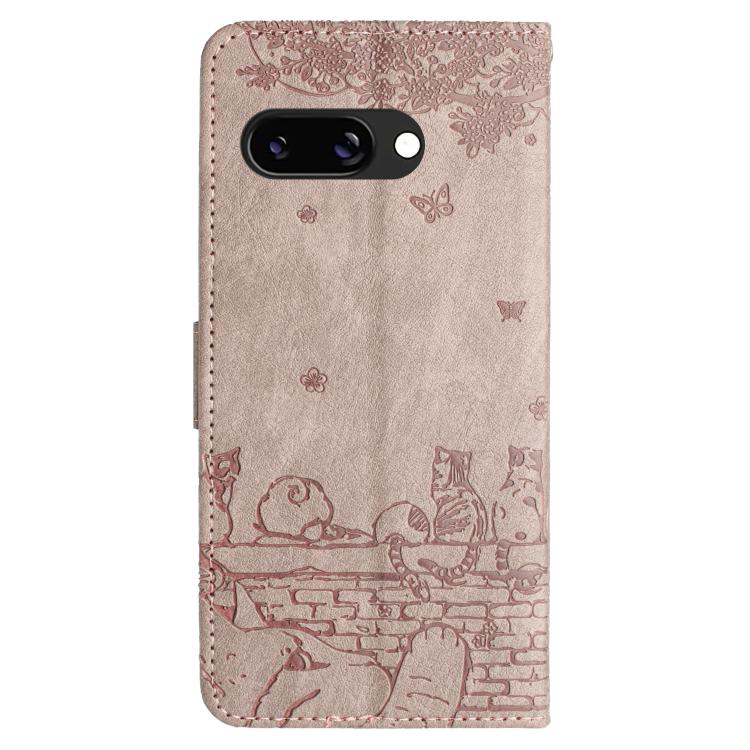 For Google Pixel 9a Cat Embossing Pattern Leather Phone Case with Lanyard