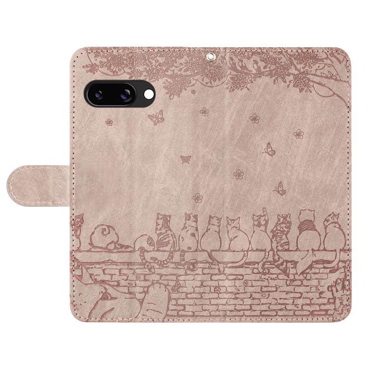 For Google Pixel 9a Cat Embossing Pattern Leather Phone Case with Lanyard