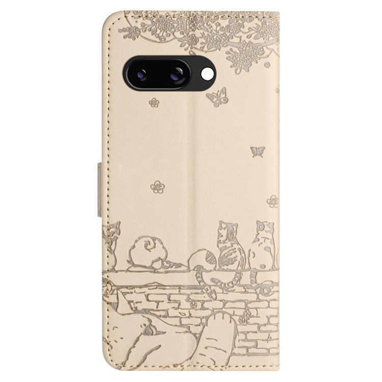 For Google Pixel 9a Cat Embossing Pattern Leather Phone Case with Lanyard