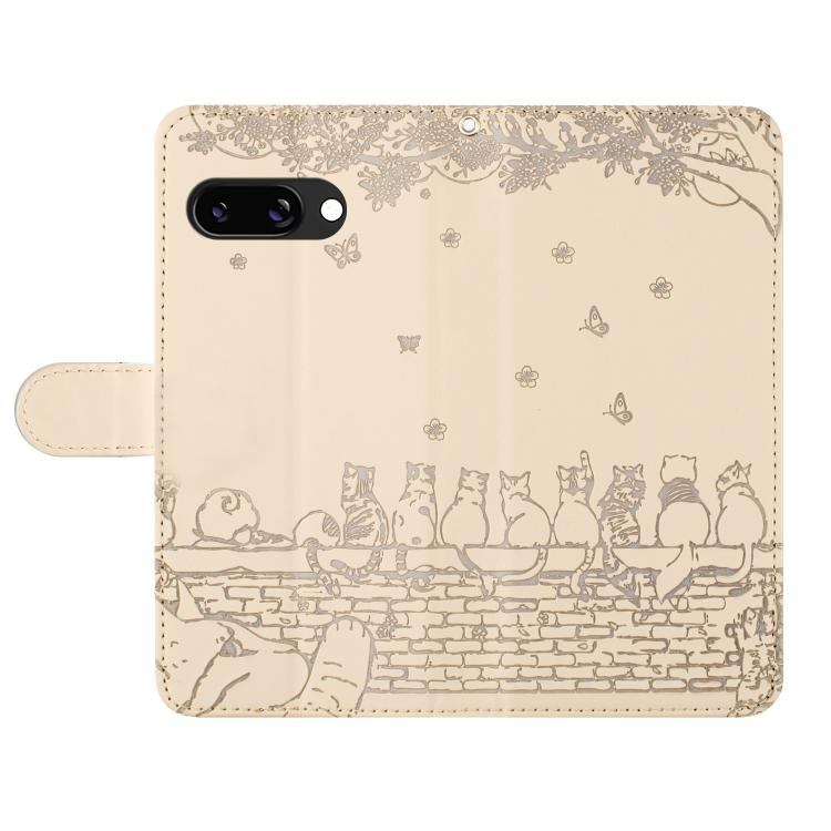 For Google Pixel 9a Cat Embossing Pattern Leather Phone Case with Lanyard