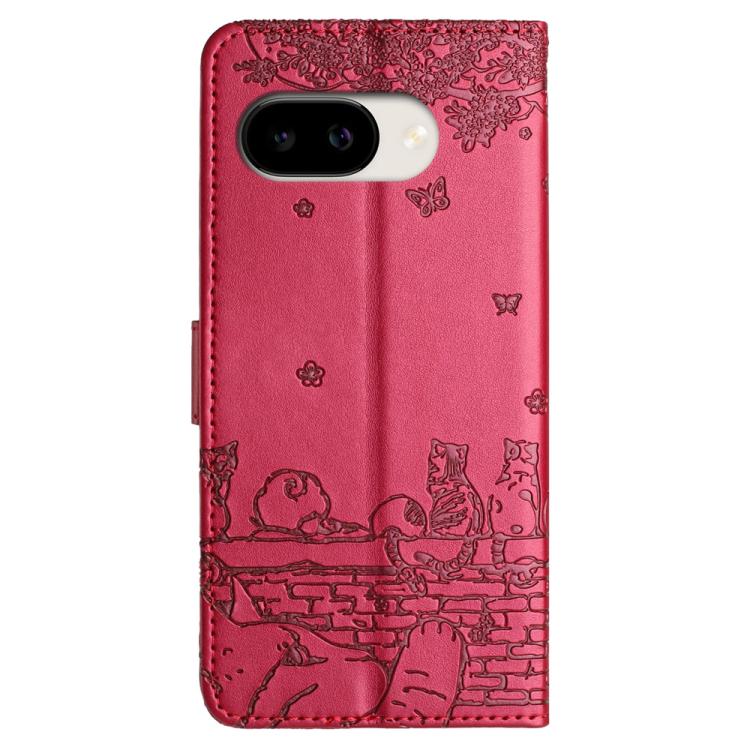 For Google Pixel 10a Cat Embossing Pattern Leather Phone Case with Lanyard