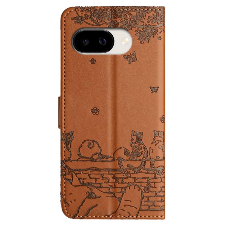 For Google Pixel 10a Cat Embossing Pattern Leather Phone Case with Lanyard
