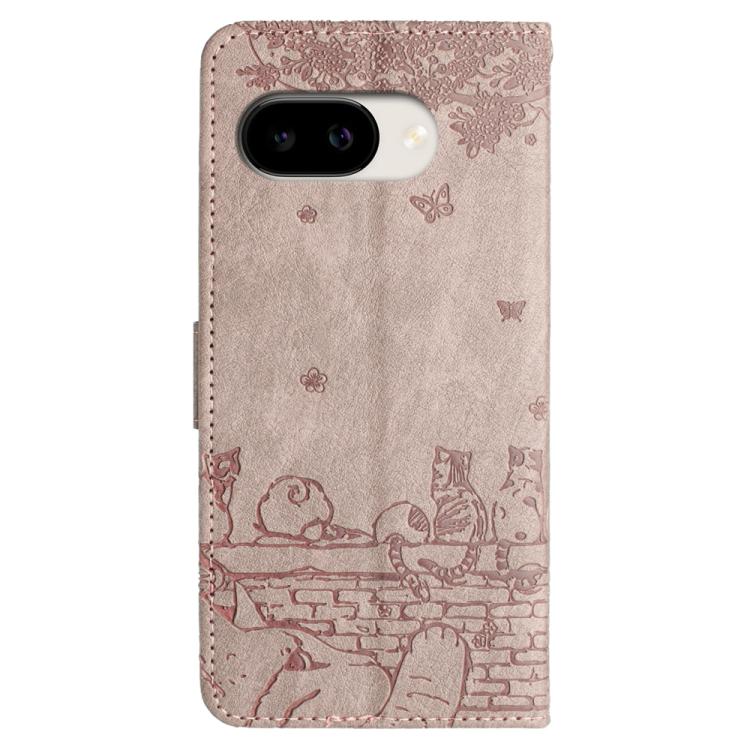 For Google Pixel 10a Cat Embossing Pattern Leather Phone Case with Lanyard