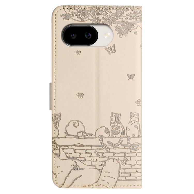 For Google Pixel 10a Cat Embossing Pattern Leather Phone Case with Lanyard