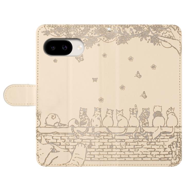 For Google Pixel 10a Cat Embossing Pattern Leather Phone Case with Lanyard