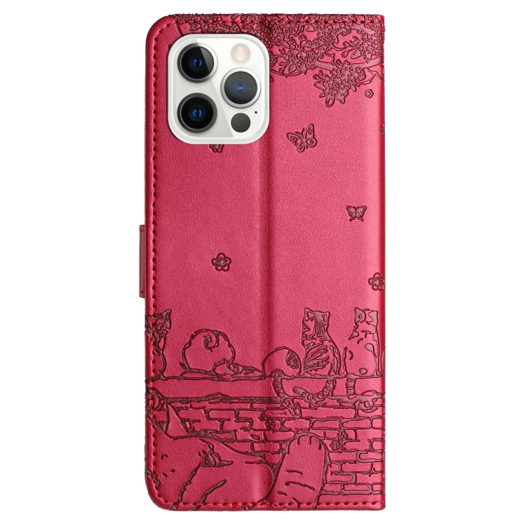 For iPhone 16 Pro Max Cat Embossing Pattern Leather Phone Case with Lanyard