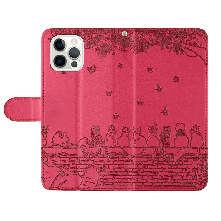 For iPhone 16 Pro Max Cat Embossing Pattern Leather Phone Case with Lanyard
