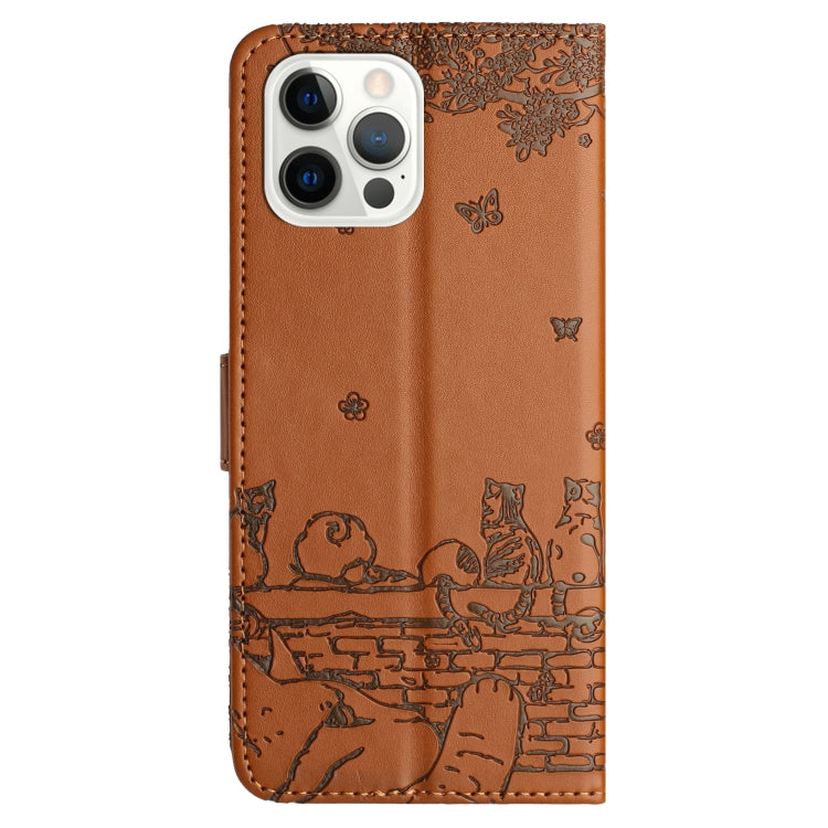 For iPhone 16 Pro Max Cat Embossing Pattern Leather Phone Case with Lanyard