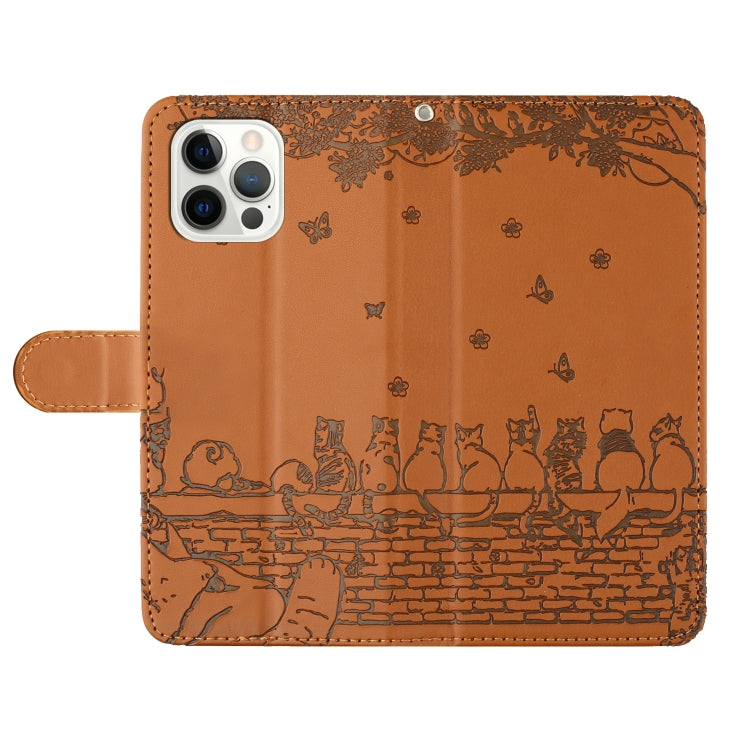 For iPhone 16 Pro Max Cat Embossing Pattern Leather Phone Case with Lanyard