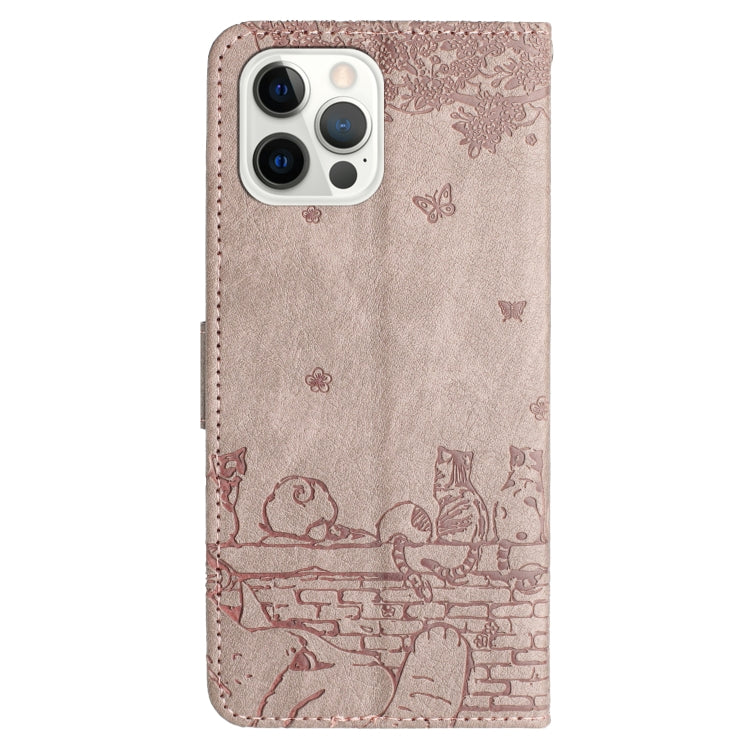 For iPhone 16 Pro Max Cat Embossing Pattern Leather Phone Case with Lanyard