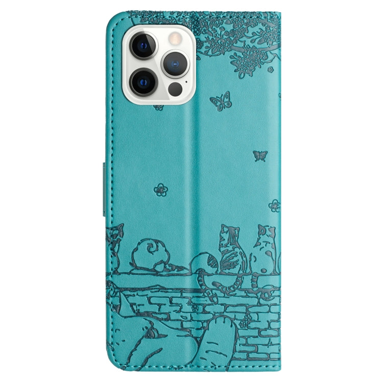 For iPhone 16 Pro Cat Embossing Pattern Leather Phone Case with Lanyard