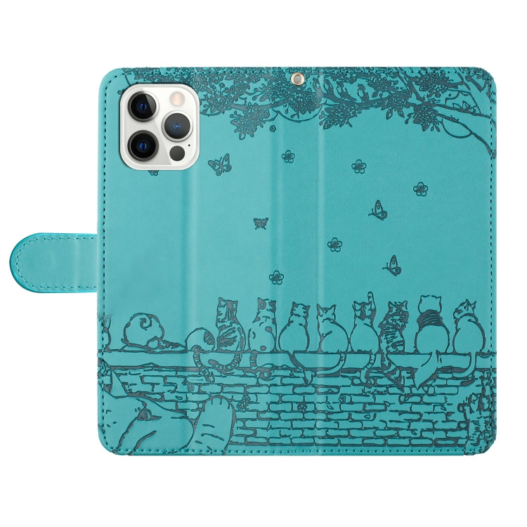 For iPhone 16 Pro Cat Embossing Pattern Leather Phone Case with Lanyard