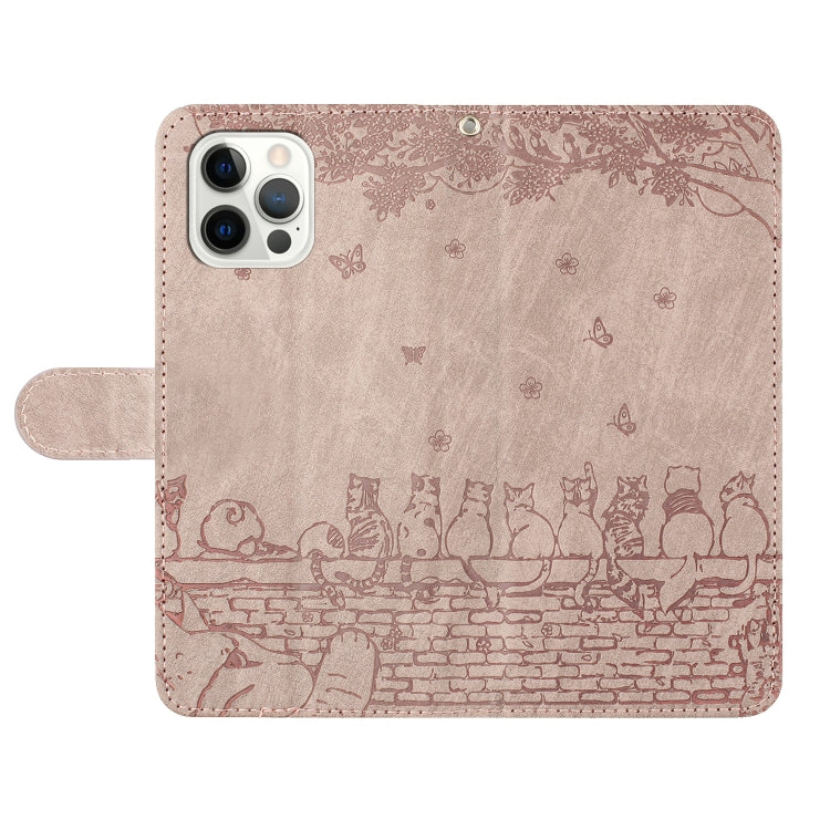 For iPhone 16 Pro Cat Embossing Pattern Leather Phone Case with Lanyard