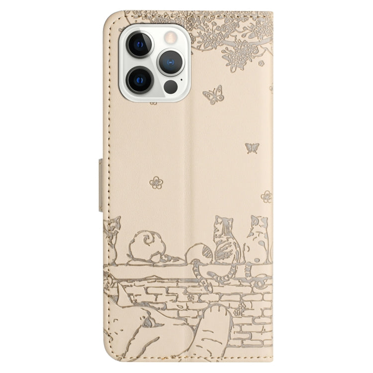 For iPhone 16 Pro Cat Embossing Pattern Leather Phone Case with Lanyard