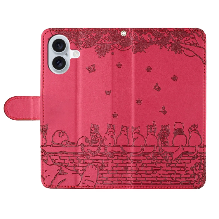 For iPhone 16 Plus Cat Embossing Pattern Leather Phone Case with Lanyard