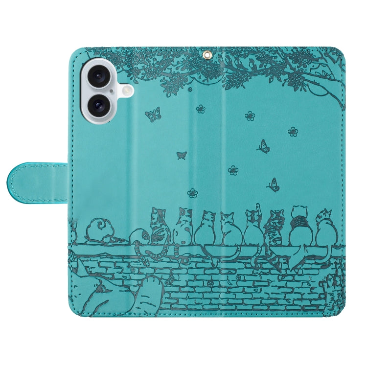 For iPhone 16 Plus Cat Embossing Pattern Leather Phone Case with Lanyard