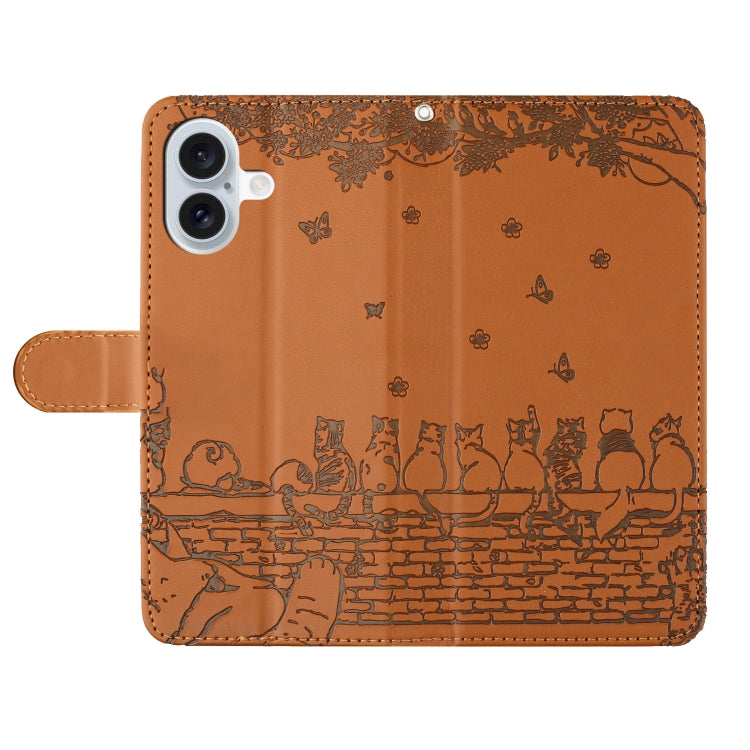For iPhone 16 Plus Cat Embossing Pattern Leather Phone Case with Lanyard