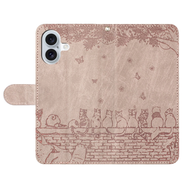 For iPhone 16 Plus Cat Embossing Pattern Leather Phone Case with Lanyard