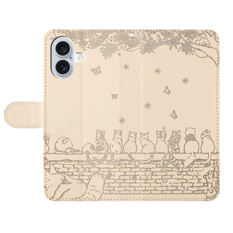 For iPhone 16 Plus Cat Embossing Pattern Leather Phone Case with Lanyard