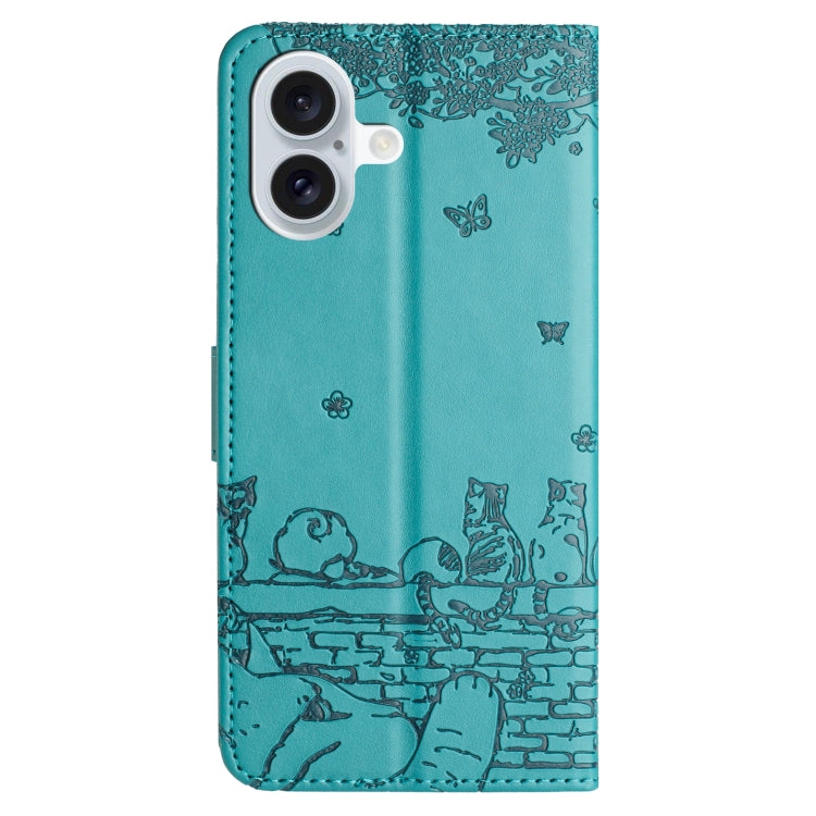 For iPhone 16 Cat Embossing Pattern Leather Phone Case with Lanyard