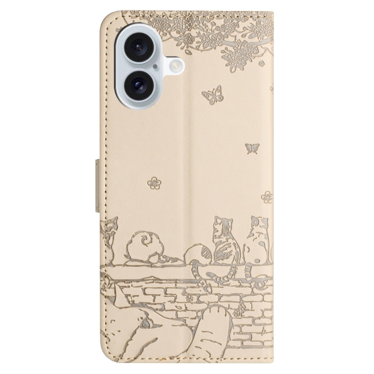 For iPhone 16 Cat Embossing Pattern Leather Phone Case with Lanyard