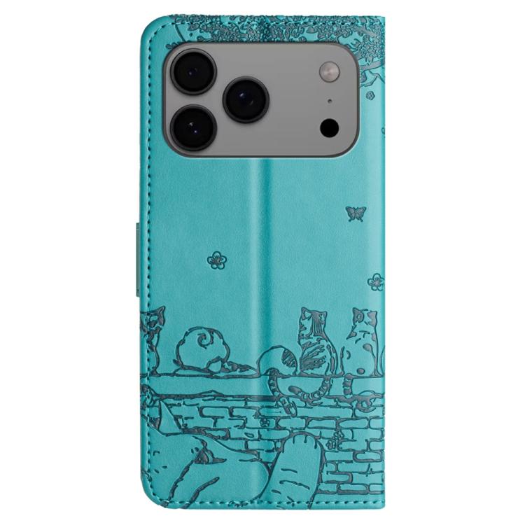 For iPhone 17 Pro Max Cat Embossing Pattern Leather Phone Case with Lanyard