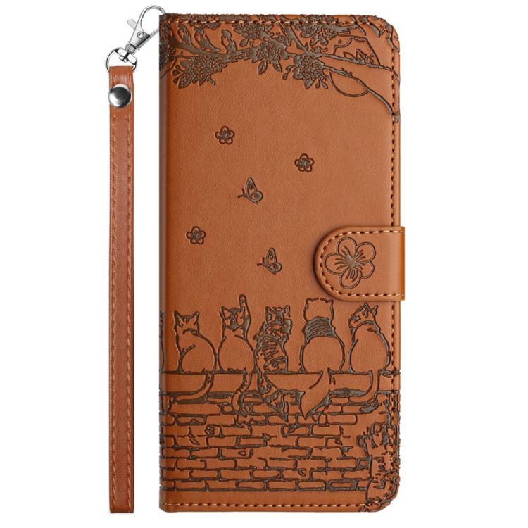 For iPhone 17 Pro Max Cat Embossing Pattern Leather Phone Case with Lanyard