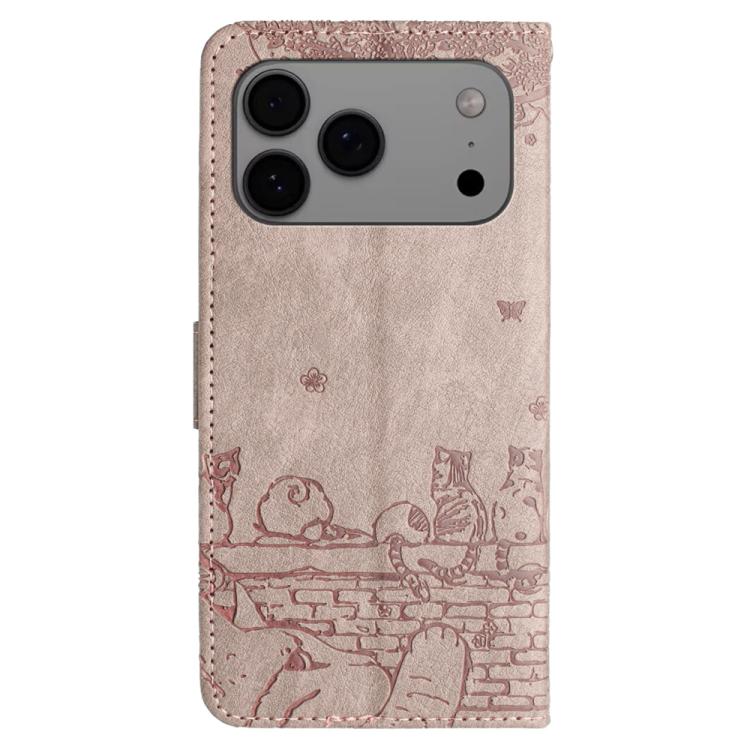 For iPhone 17 Pro Max Cat Embossing Pattern Leather Phone Case with Lanyard