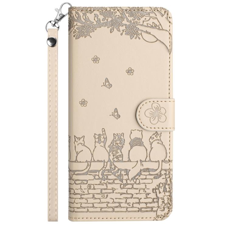 For iPhone 17 Pro Max Cat Embossing Pattern Leather Phone Case with Lanyard