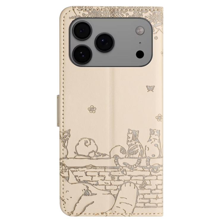 For iPhone 17 Pro Max Cat Embossing Pattern Leather Phone Case with Lanyard