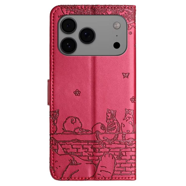 For iPhone 17 Pro Cat Embossing Pattern Leather Phone Case with Lanyard